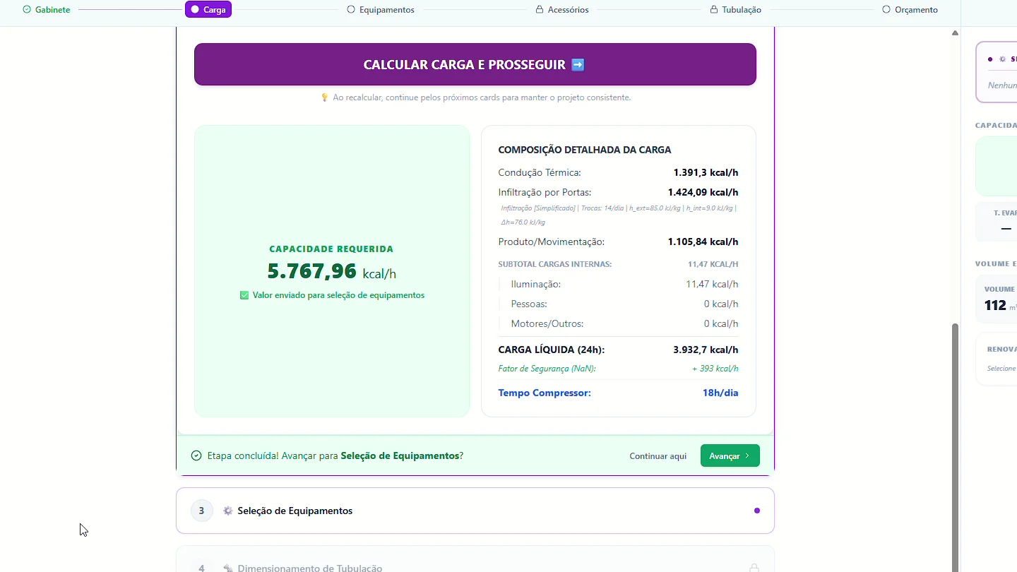 Resultado do cálculo de carga térmica dentro do Projeto de Câmara Fria